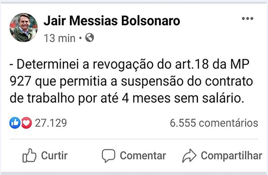 Bolsonaro revoga artigo que suspendia contrato de trabalho por quatro meses