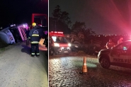 Carreta tomba no bairro Pedra de Amolar, em Ilhota; motorista  hospitalizado