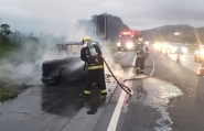 Carro pega fogo e fica completamente destrudo s margens da BR-470, em Ilhota 