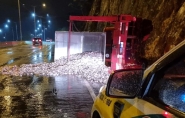 Freio falha, caminho tomba e carga de pescados fica espalhada pela rodovia em Penha