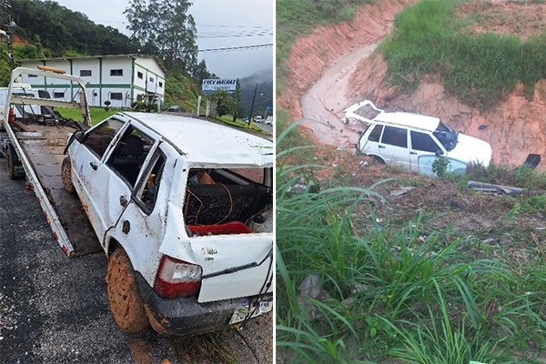 Para no bater em carro parado no meio da rodovia, motorista sai da pista e capota veculo em Gaspar