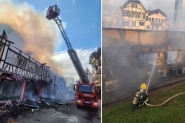 Bombeiros de quatro cidades, caminhes-pipa e brigadistas atuaram no combate ao incndio no Centro de Blumenau