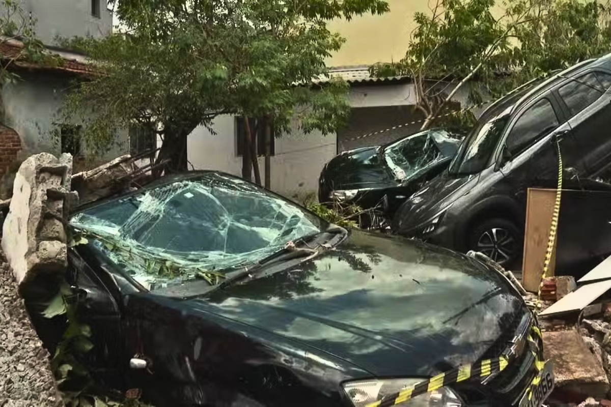 Enxurrada derruba muro de prdio, arrasta carros e destri porto de casa em SP