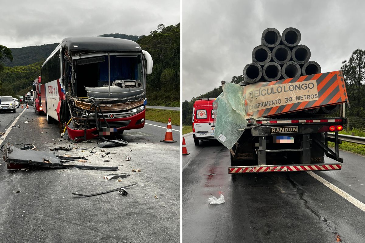 Fotos mostram estragos em nibus e carreta que colidiram na BR-470, em Ilhota