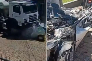Caminh�o betoneira desgovernado passa por cima de carro e atinge casa em Indaial