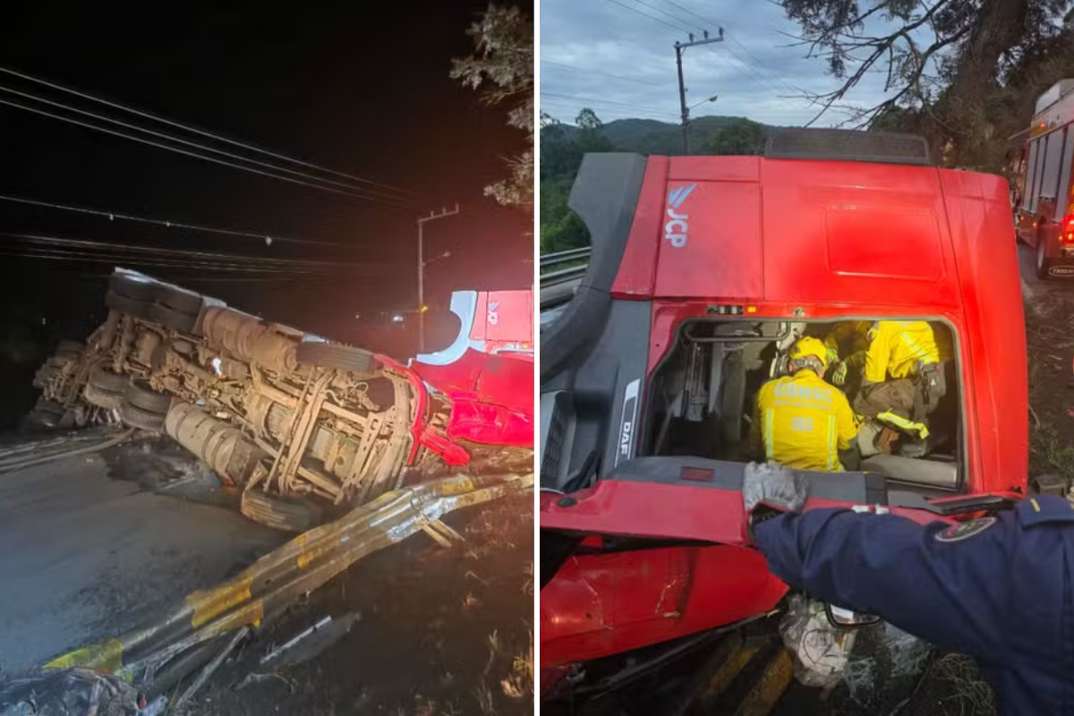 Colisão entre caminhões mata motorista e bloqueia rodovia na Grande Florianópolis