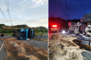 Caminh�o carregado com res�duos org�nicos tomba na rotat�ria da BR-470, em Gaspar