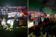 Carro cai de barranco de 5 metros, derruba palmeira e para em cerca de empresa em Brusque
